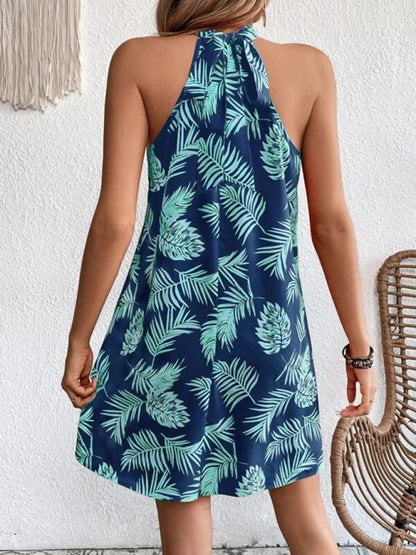 Women's Woven Halter Leaf Print Sleeveless Dress