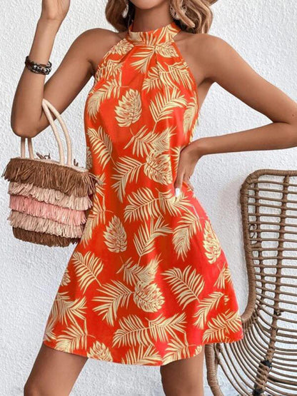 Women's Woven Halter Leaf Print Sleeveless Dress