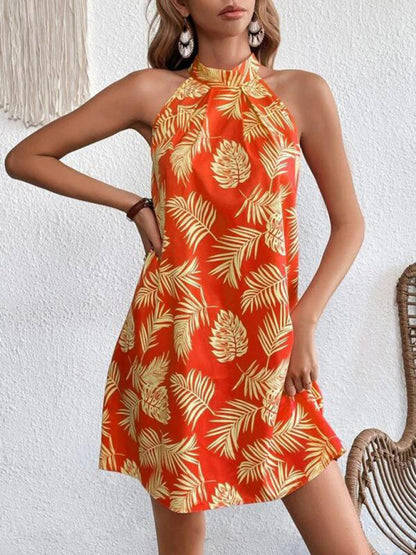 Women's Woven Halter Leaf Print Sleeveless Dress