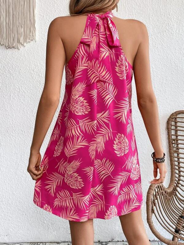 Women's Woven Halter Leaf Print Sleeveless Dress