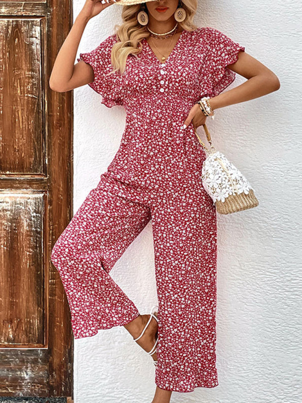 Summer women's fashion red printed European and American jumpsuit