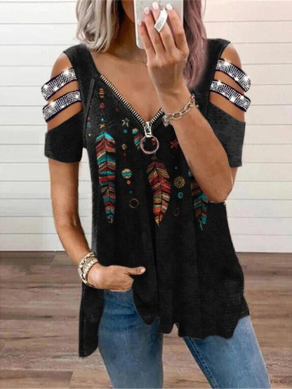 V Neck Zipper Pullover Positioning Print Short Sleeve Loose T-Shirt Women Tops