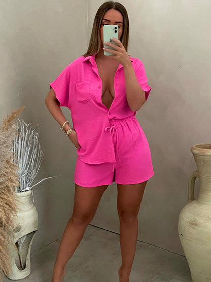 Fashion Casual Solid Color Single Breasted Sleeve Shirt Elastic Waist Shorts Two-Piece Set