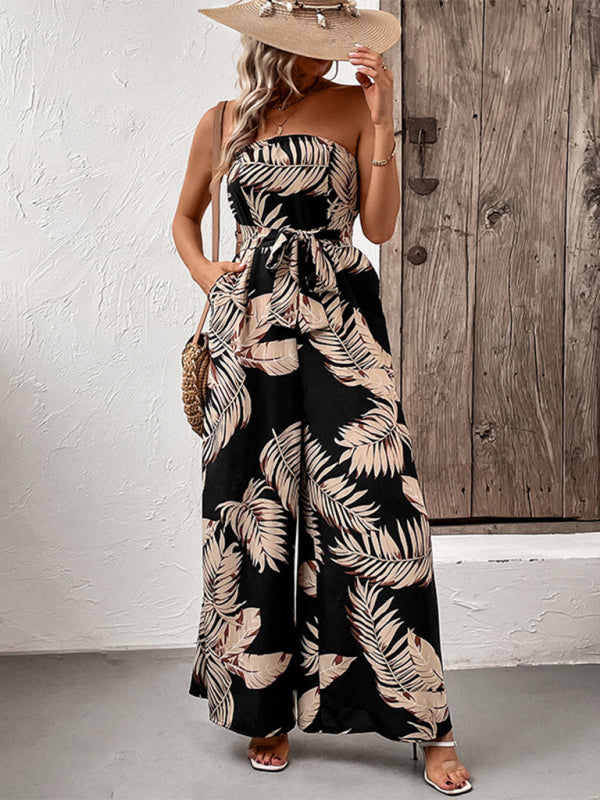 New fashion women's plant leaf print tube top jumpsuit