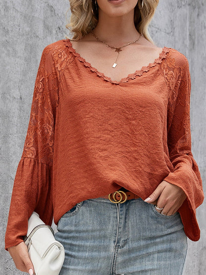 Women's solid color splicing lace hollow V-neck long-sleeved top