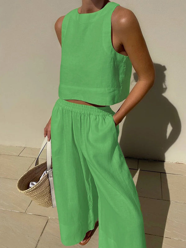 New casual loose solid color sleeveless shirt trousers two-piece set