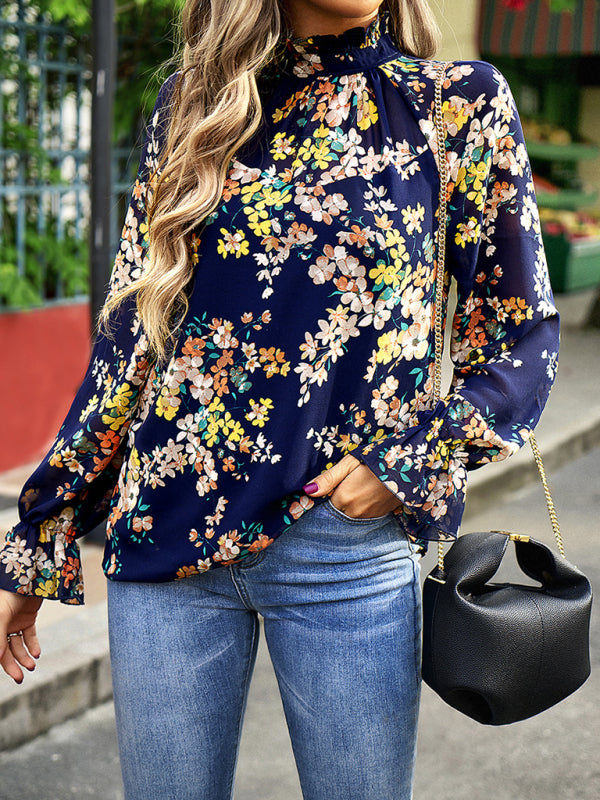 Elegant commuter plant print stitching ruffled shirt