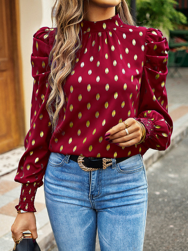 Gold Dot Print Temperament commuting round neck long-sleeved blouse