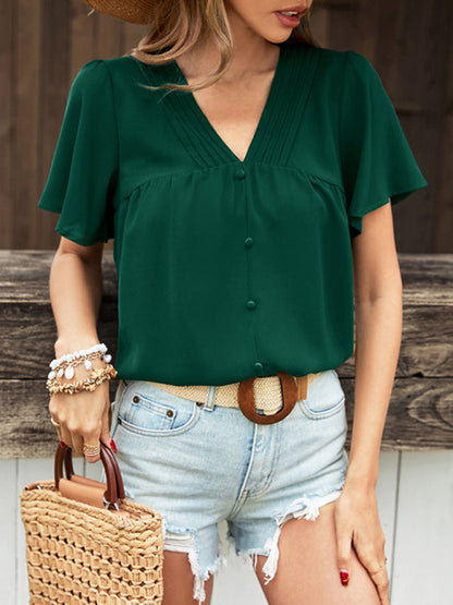 New Fashion Ladies Solid Color Pleated Shirt