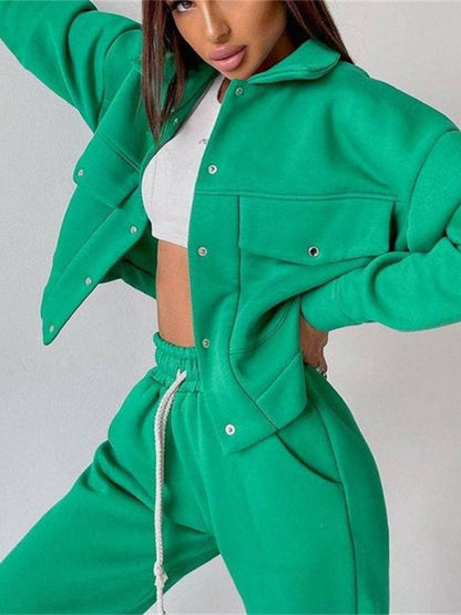 Solid color women's jacket jacket casual trousers suit long-sleeved jacket sweater two-piece suit