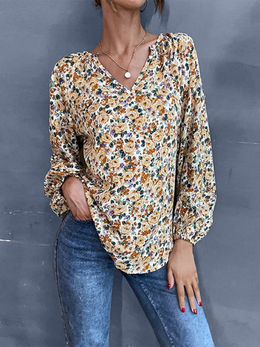 New holiday fashion women's loose v-neck long-sleeved floral shirt