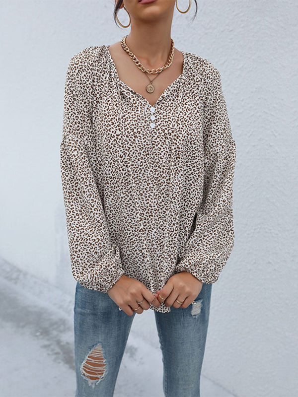 New retro tops foreign style long-sleeved drawstring leopard v-neck shirt