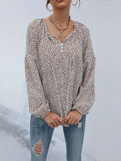 New retro tops foreign style long-sleeved drawstring leopard v-neck shirt