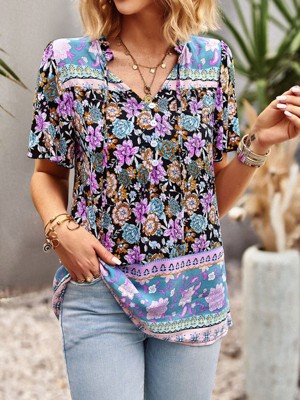 New Ladies Casual Bohemian Printed Shirt Top