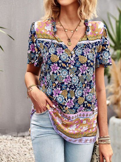 New Ladies Casual Bohemian Printed Shirt Top