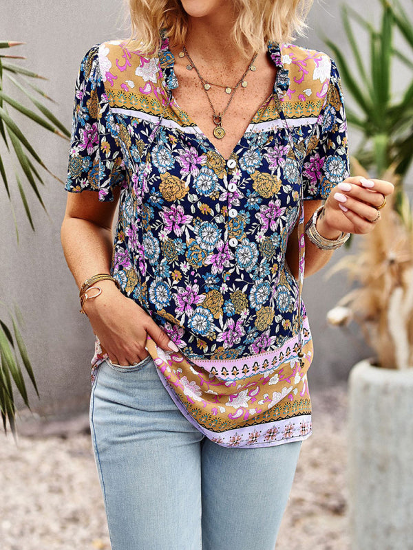 New Ladies Casual Bohemian Printed Shirt Top