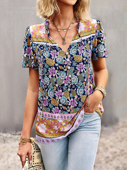 New Ladies Casual Bohemian Printed Shirt Top