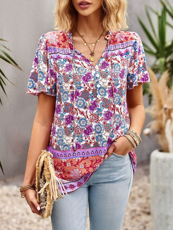 New Ladies Casual Bohemian Printed Shirt Top