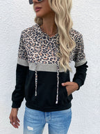 Women's Hooded Pocket Drawstring Paneled Leopard Sweatshirt