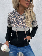 Women's Hooded Pocket Drawstring Paneled Leopard Sweatshirt
