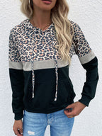 Women's Hooded Pocket Drawstring Paneled Leopard Sweatshirt