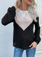 Long-sleeve color-block lace crewneck sweater