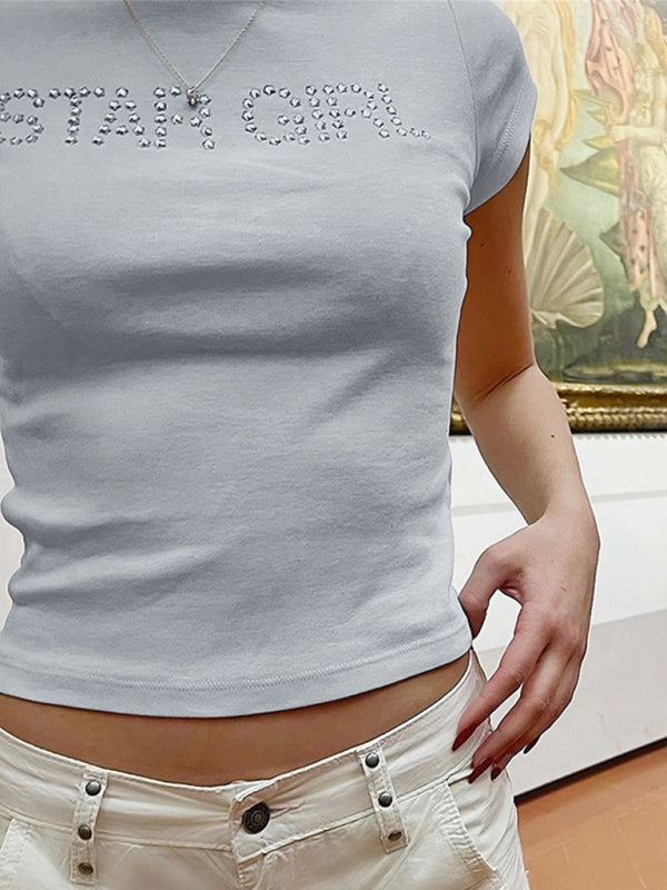 Short-sleeved T-shirt letter ironing rhinestone inner layered slim top