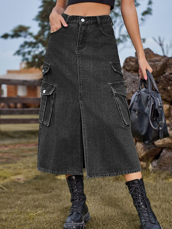 Elastic Waist Denim Cargo Casual Midi Skirt