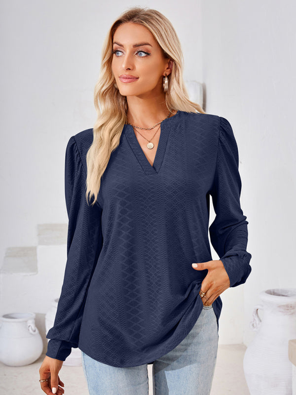 V Neck Jacquard Long Sleeve Loose T-Shirt Top Ladies