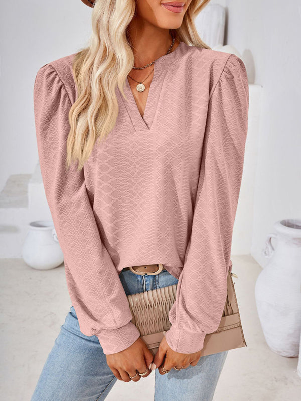 V Neck Jacquard Long Sleeve Loose T-Shirt Top Ladies