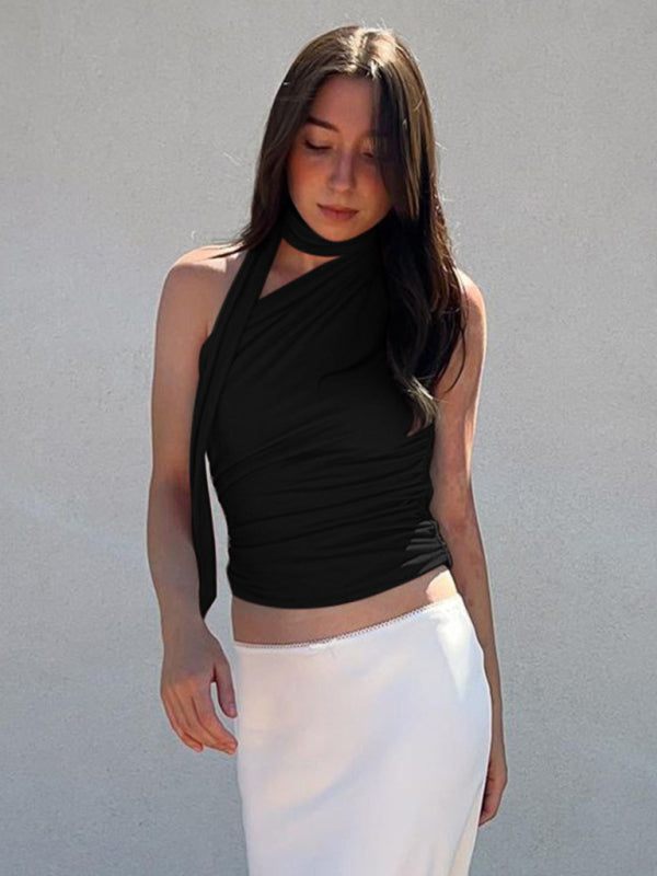 Casual all-match slim-fit one-shoulder streamer design solid color sleeveless vest top