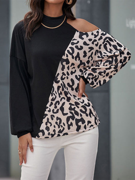 Women's Casual Long Sleeve Hollow Off Shoulder Bottoming Shirt Half Turtle Neck Top