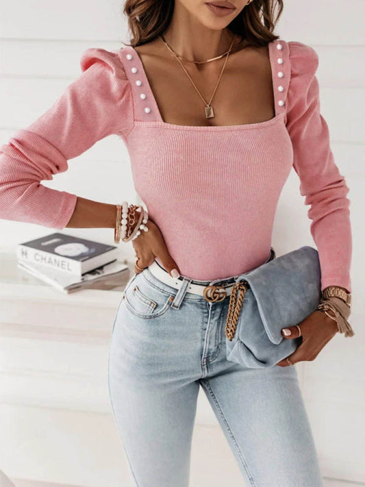 New women's solid color beaded long-sleeved pit strip top