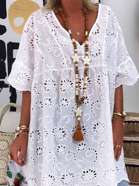 Women's new V-neck hollow embroidered blouse short-sleeved dress