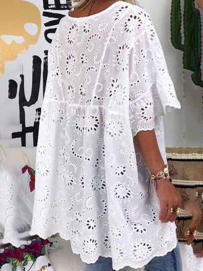 Women's new V-neck hollow embroidered blouse short-sleeved dress