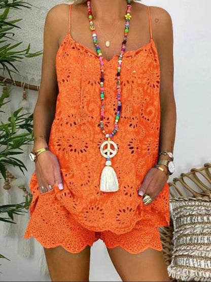 New women's sleeveless drawstring ruffled hollow camisole embroidered shorts suit