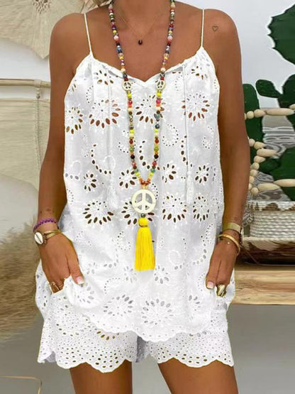 New women's sleeveless drawstring ruffled hollow camisole embroidered shorts suit