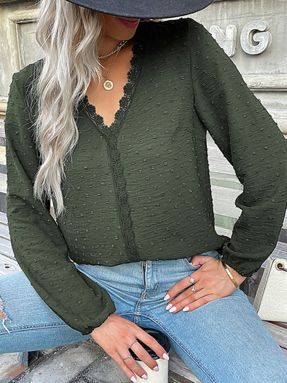 Women's long-sleeved lace solid color V-neck blouse