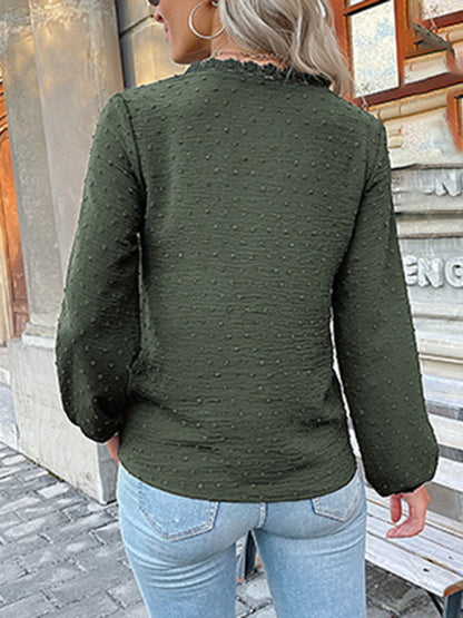 Women's long-sleeved lace solid color V-neck blouse