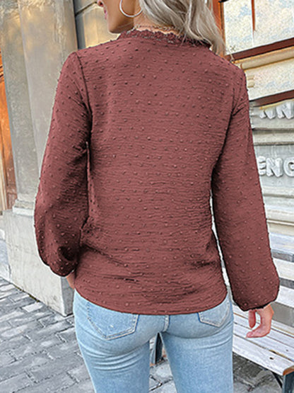 Women's long-sleeved lace solid color V-neck blouse