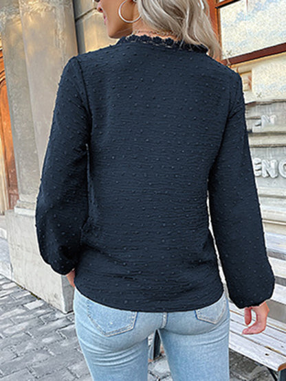 Women's long-sleeved lace solid color V-neck blouse