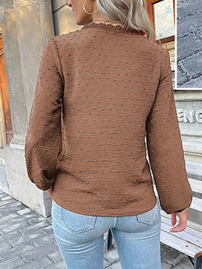Women's long-sleeved lace solid color V-neck blouse