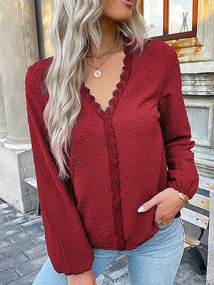 Women's long-sleeved lace solid color V-neck blouse