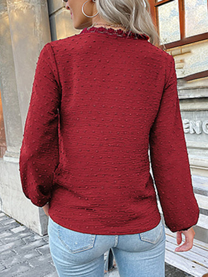 Women's long-sleeved lace solid color V-neck blouse