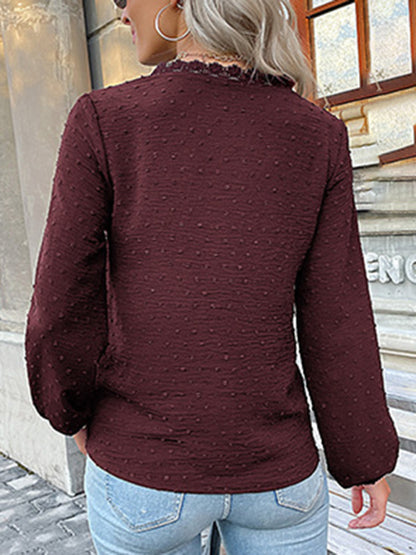 Women's long-sleeved lace solid color V-neck blouse