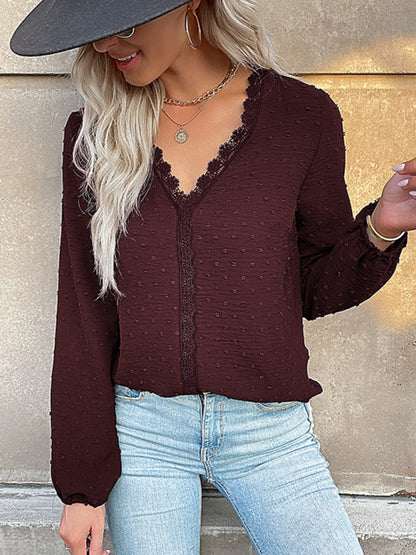 Women's long-sleeved lace solid color V-neck blouse