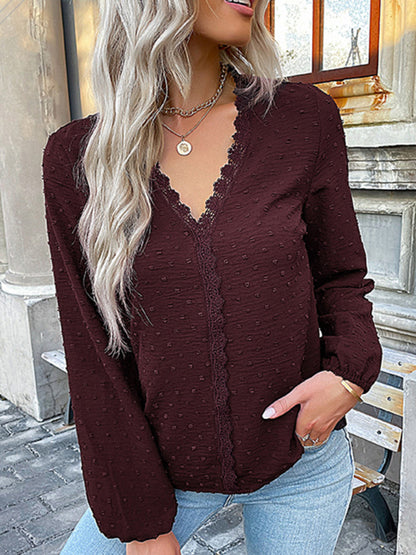 Women's long-sleeved lace solid color V-neck blouse