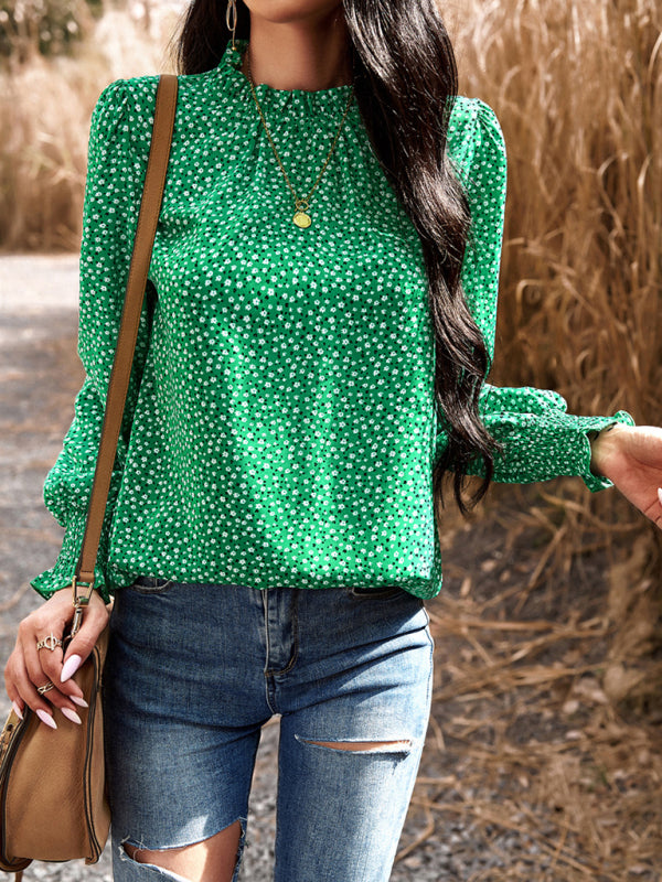 Temperament commuting lantern sleeve printed long-sleeved top