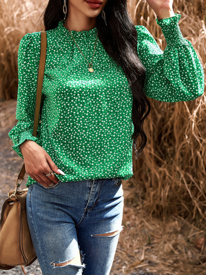 Temperament commuting lantern sleeve printed long-sleeved top