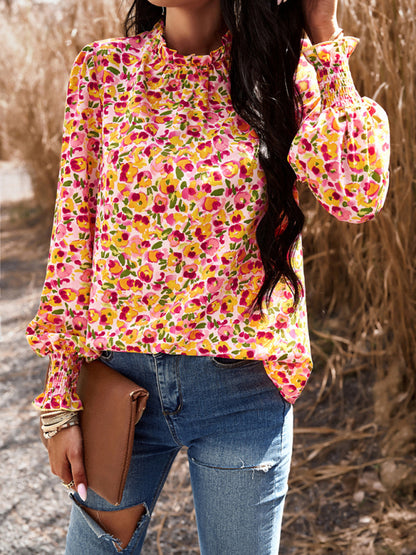 Temperament commuting lantern sleeve printed long-sleeved top
